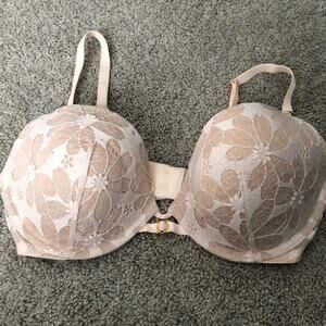 Victoria’s Secret very sexy,‎ push-up tan and pink lace plunge bra size 32DD ￼